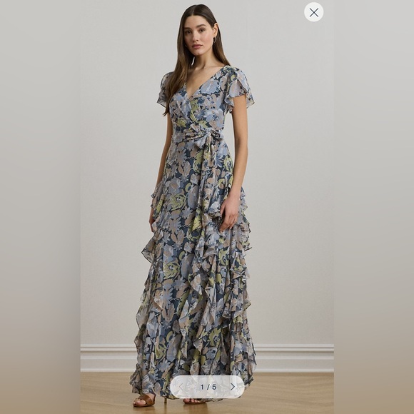 Ralph Lauren Blue and Gray Ruffled Wrap Maxi Dress - Picture 1 of 7